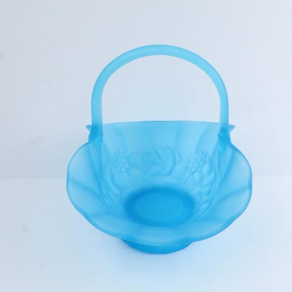 VTG Satin Blue Indiana‎ Glassware Raised Fruits Design Basket Decorative MCM
